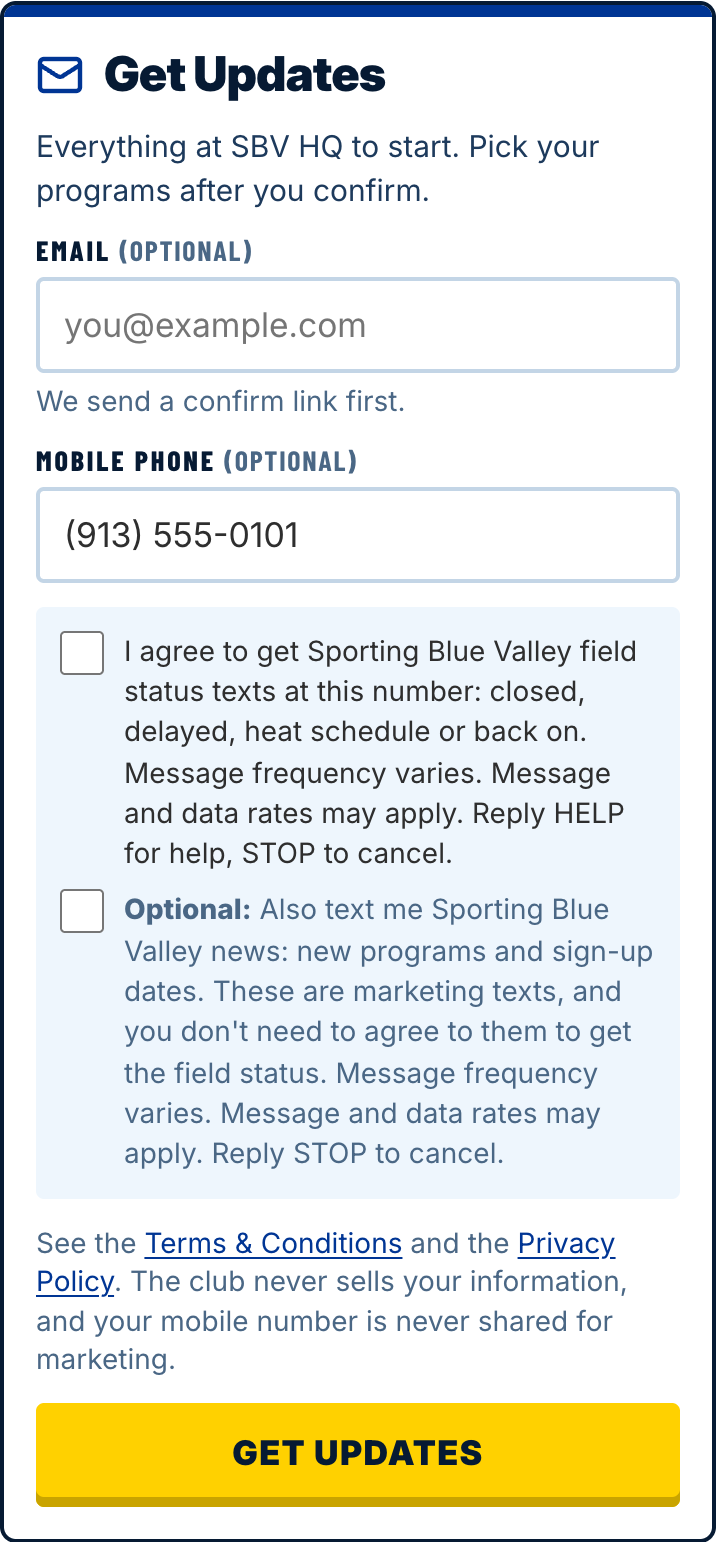 sbvweather.com's Get Updates box: the email and mobile number, the two unticked boxes with their words, the Terms & Conditions and Privacy Policy links, and Get updates