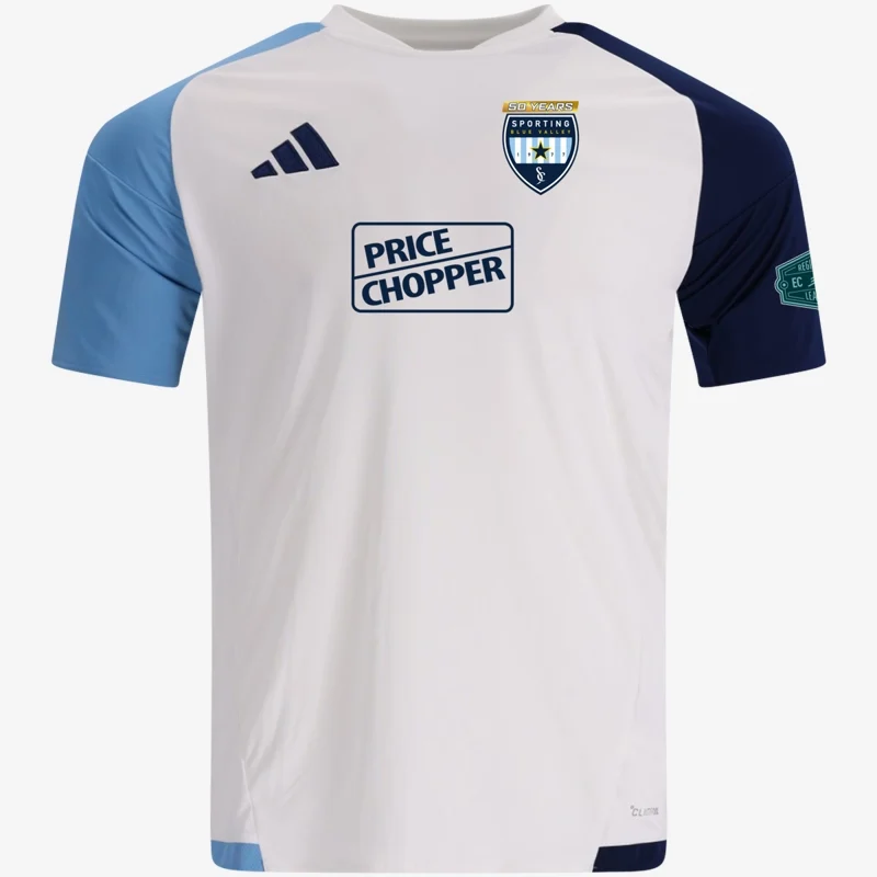 ECNL RL home jersey (white with sky blue and navy sleeves), front