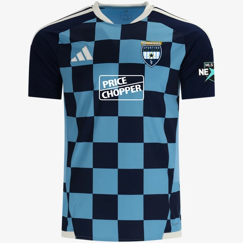 MLS NEXT third kit jersey (sky blue and navy checks), front